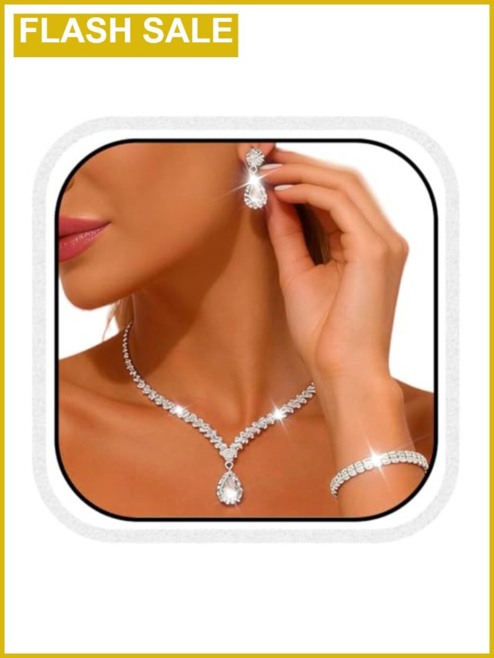 Rhinestone Wedding Jewelry Set Silver Sparkly Earrings Bracelet Prom Necklace